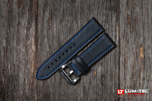 Black Leather with Blue Stitch 24mm